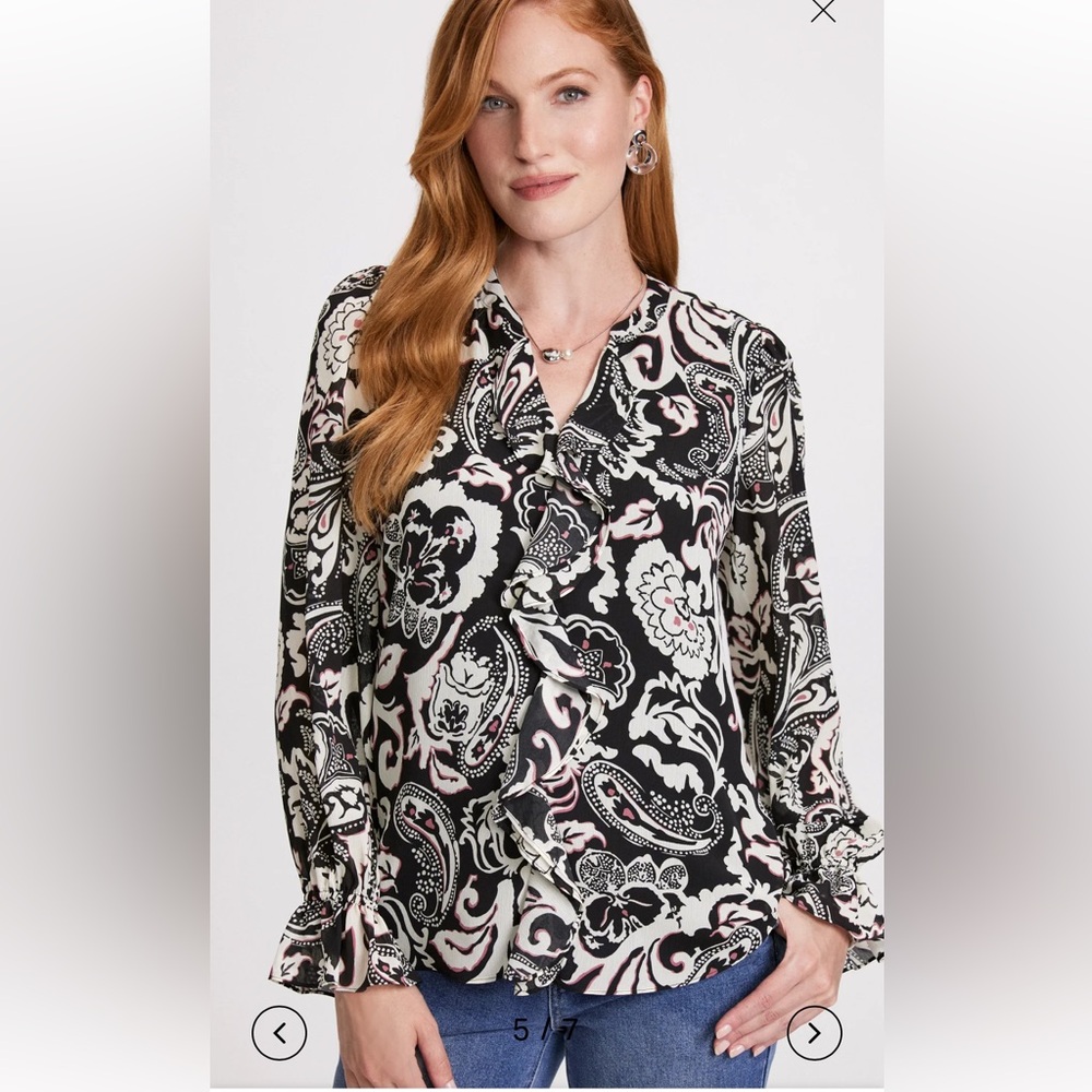 Laura Paisley Print Ruffle Front Blouse Black White Pattern